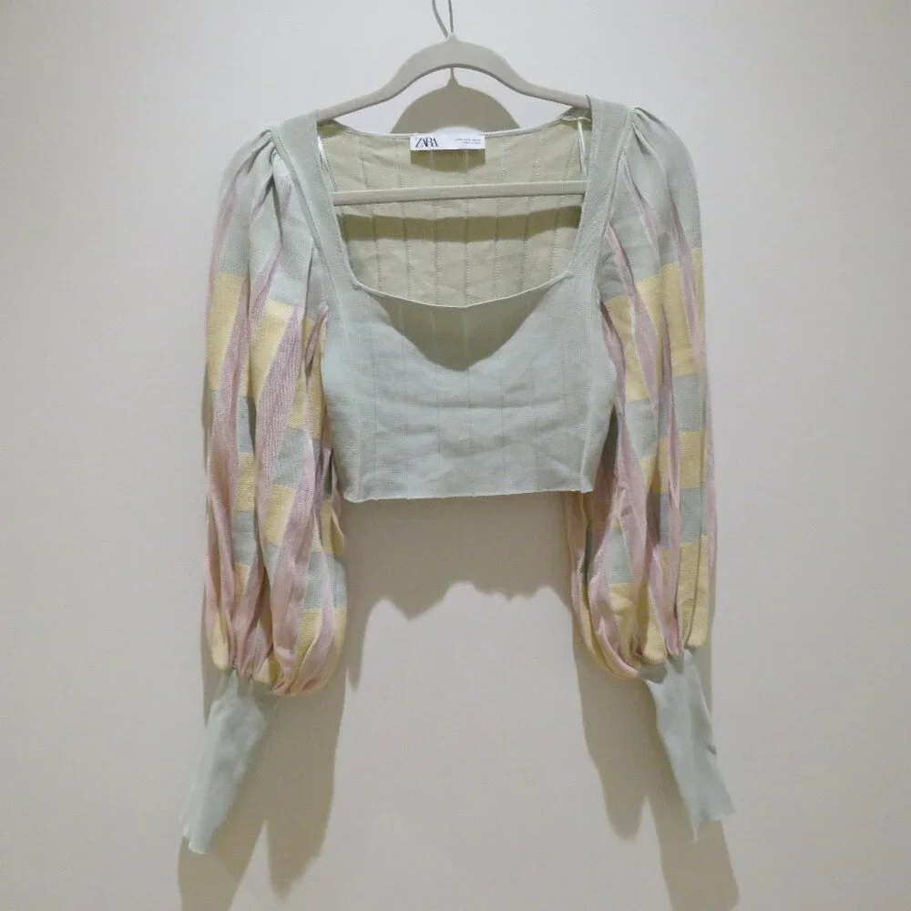 ZARA Pastel Balloon Sleeve Square Neck Knit Cropped Top Fairy Boho Romantic Sz S